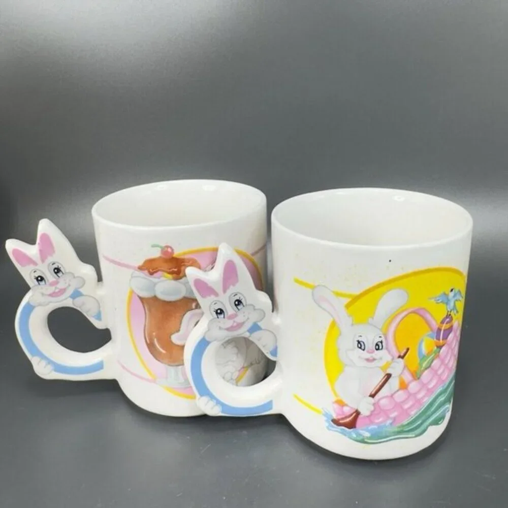 1980s Mug Cup Kitsch Colorful Bunny Rabbit Drinking Float Ceramic Mugs Cups Set2
